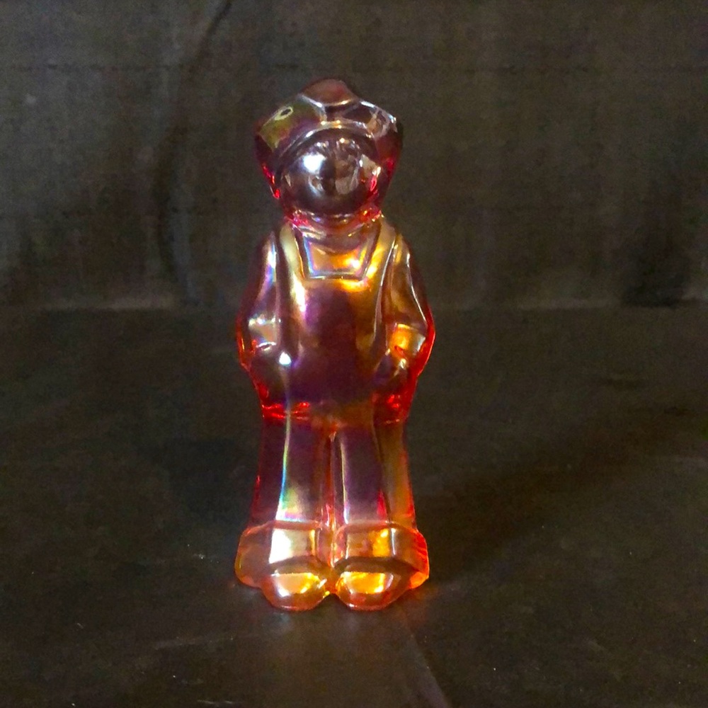 Carnival glass boy in overalls 4” marked “H” and 8 excellent VTG condition